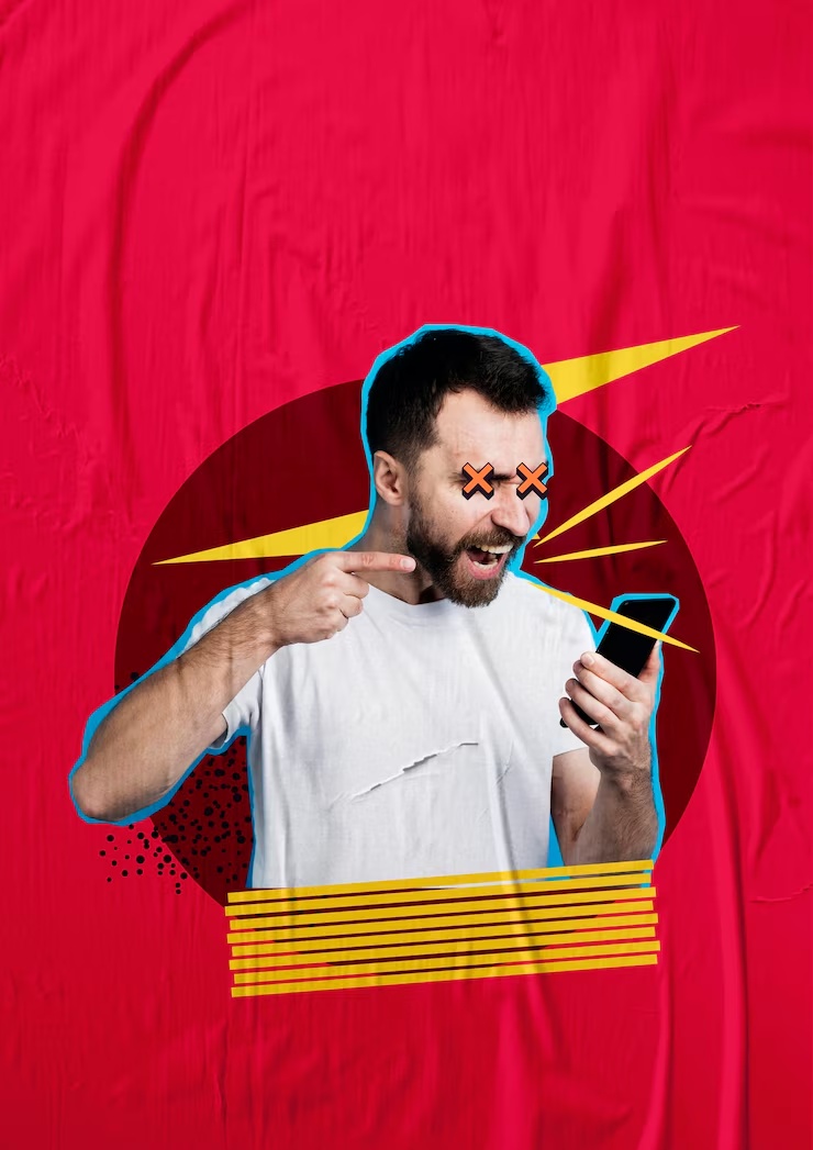 Яркий коллаж: мужчина реагирует на контент в смартфоне